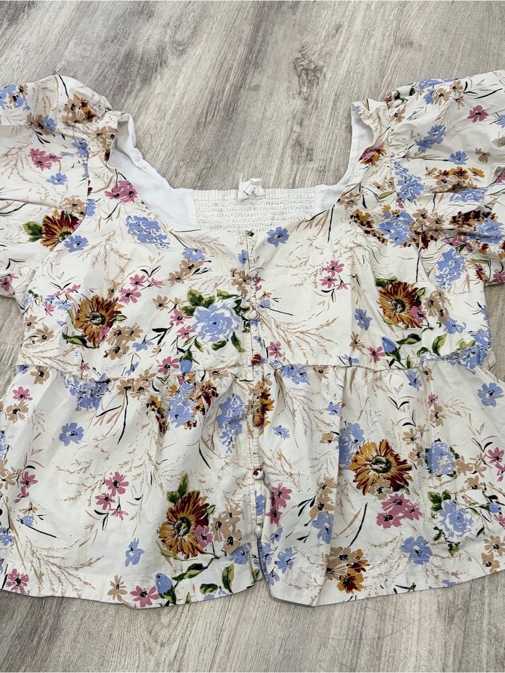 Anthropologie floral puff sleeve peplum top Cropped Women’s Ivory 2XL Cottage